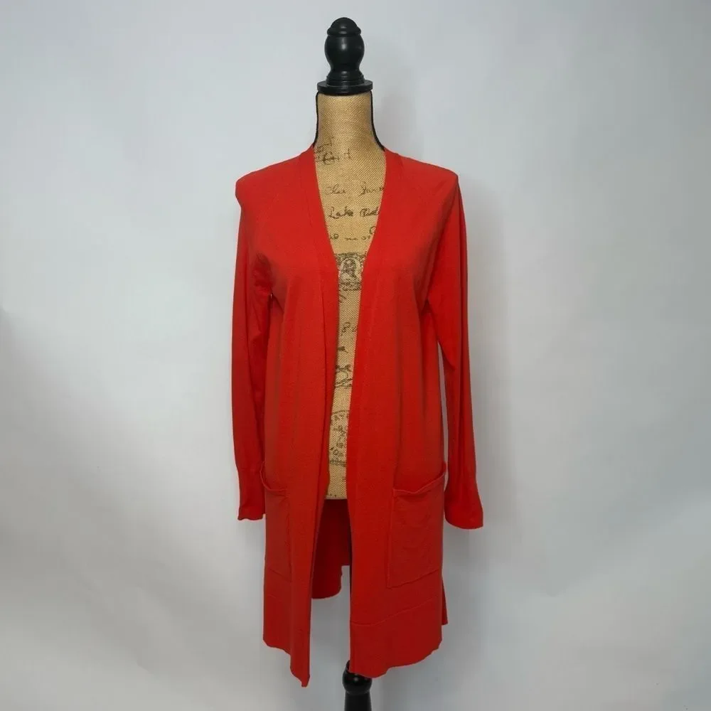 Ann Taylor Open orange-red Front Long Cardigan with Pockets - Size M